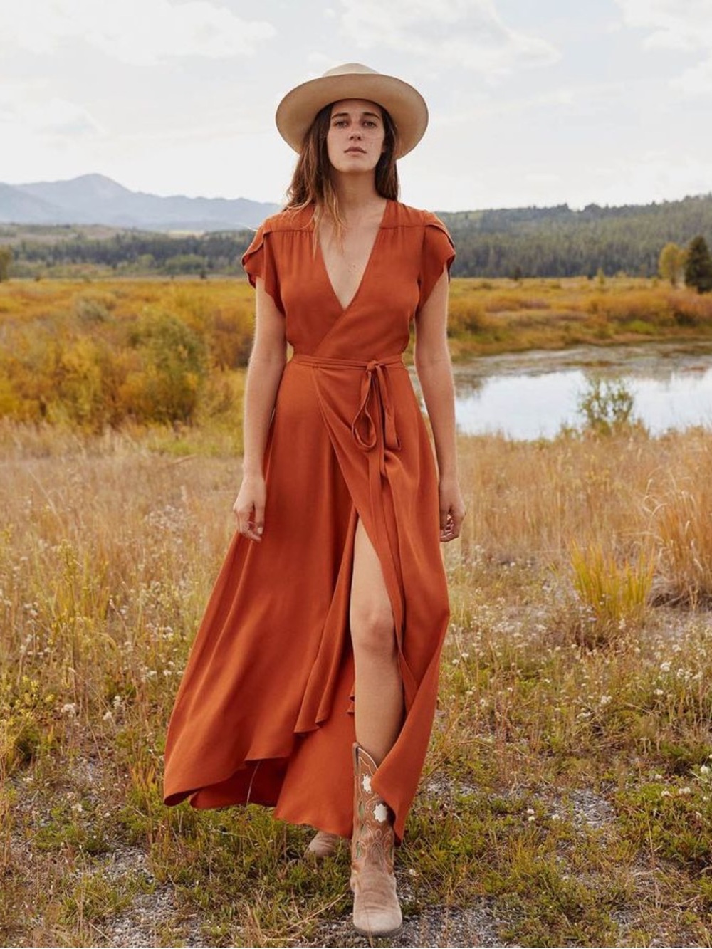 Christy Dawn Rust Orange Wrap Midi Dress